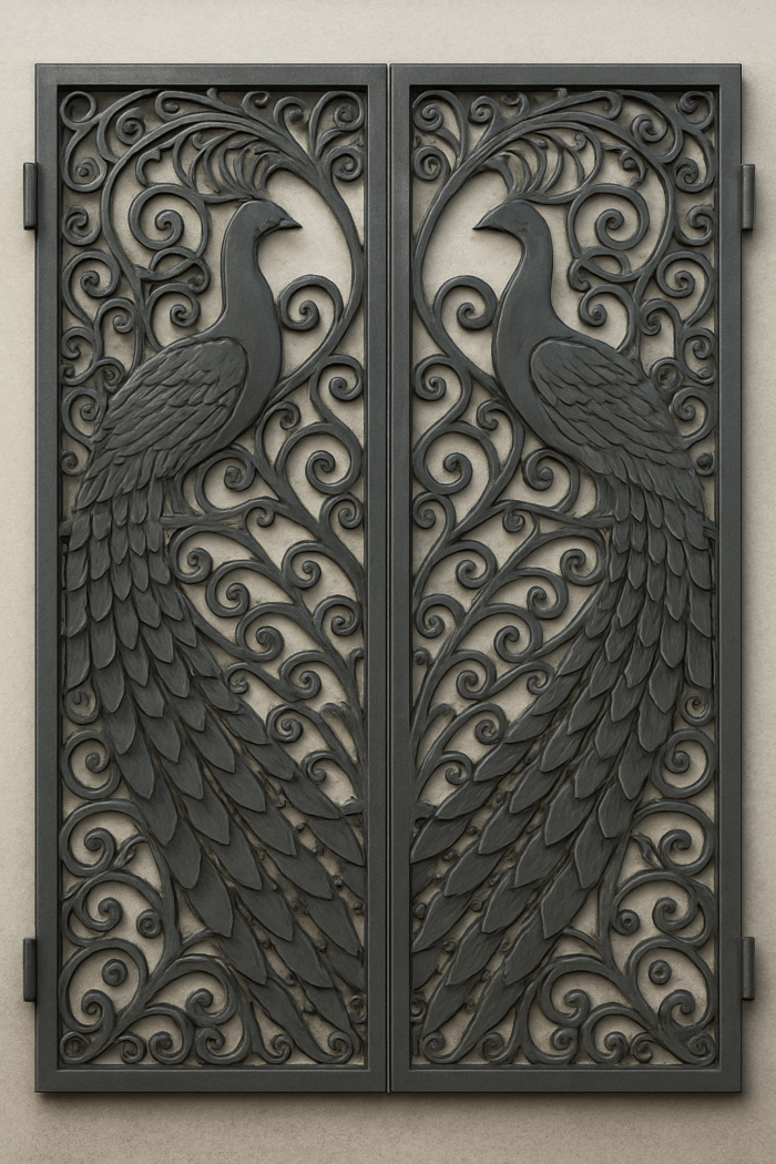 Free Elegant Laser-Cut Iron Gate Design Featuring Symmetrical Peacock